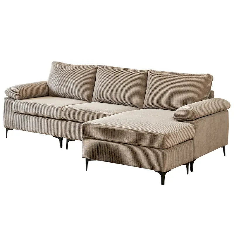Canapé d'angle en velours côtelé noir / camel / gris avec pouf, réversible, 3 places