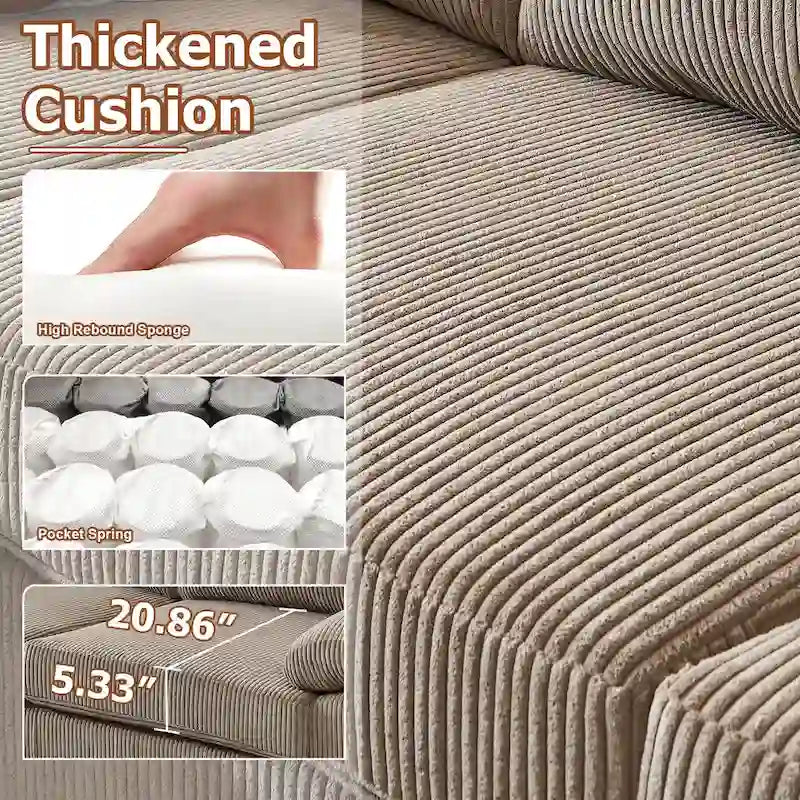 Canapé d'angle en velours côtelé noir / camel / gris avec pouf, réversible, 3 places