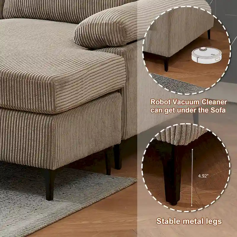 Canapé d'angle en velours côtelé noir / camel / gris avec pouf, réversible, 3 places