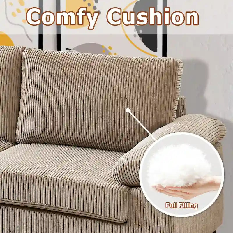 Canapé d'angle en velours côtelé noir / camel / gris avec pouf, réversible, 3 places