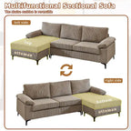 Canapé d'angle en velours côtelé noir / camel / gris avec pouf, réversible, 3 places