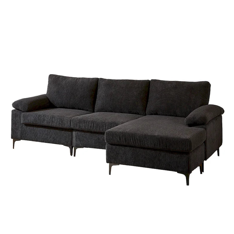 Canapé d'angle en velours côtelé noir / camel / gris avec pouf, réversible, 3 places