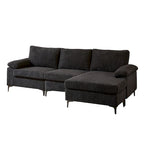Canapé d'angle en velours côtelé noir / camel / gris avec pouf, réversible, 3 places