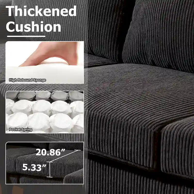 Canapé d'angle en velours côtelé noir / camel / gris avec pouf, réversible, 3 places