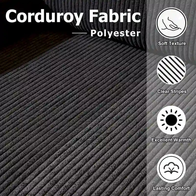 Canapé d'angle en velours côtelé noir / camel / gris avec pouf, réversible, 3 places