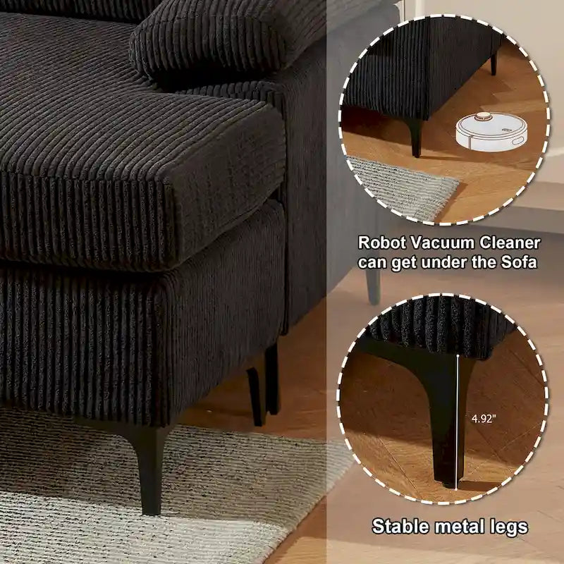 Canapé d'angle en velours côtelé noir / camel / gris avec pouf, réversible, 3 places