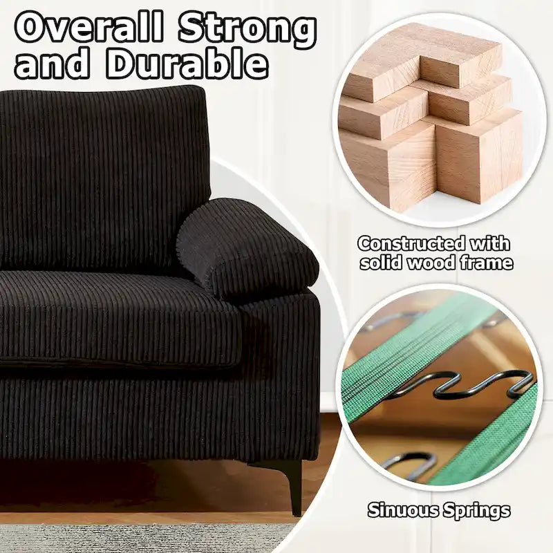 Canapé d'angle en velours côtelé noir / camel / gris avec pouf, réversible, 3 places