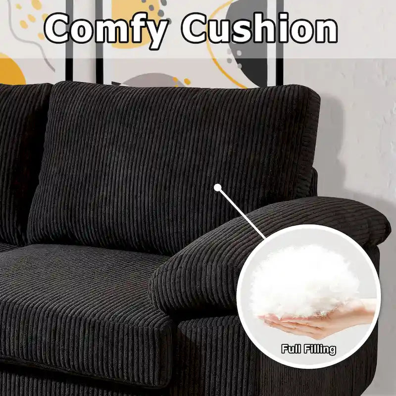 Canapé d'angle en velours côtelé noir / camel / gris avec pouf, réversible, 3 places