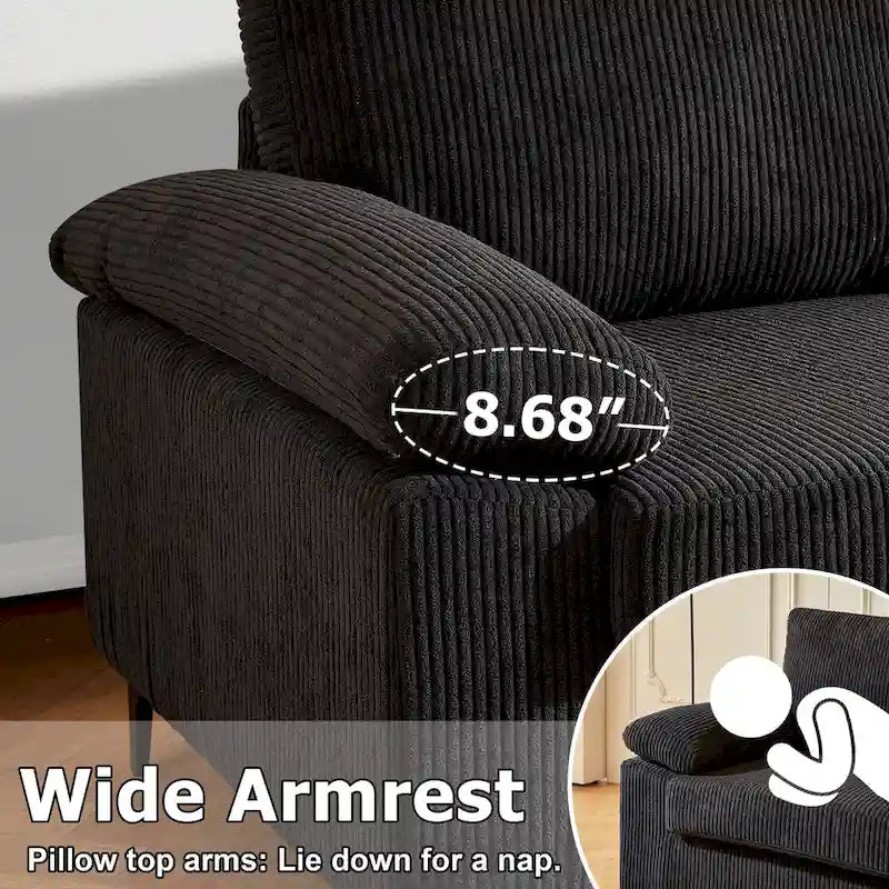 Canapé d'angle en velours côtelé noir / camel / gris avec pouf, réversible, 3 places