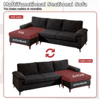 Canapé d'angle en velours côtelé noir / camel / gris avec pouf, réversible, 3 places