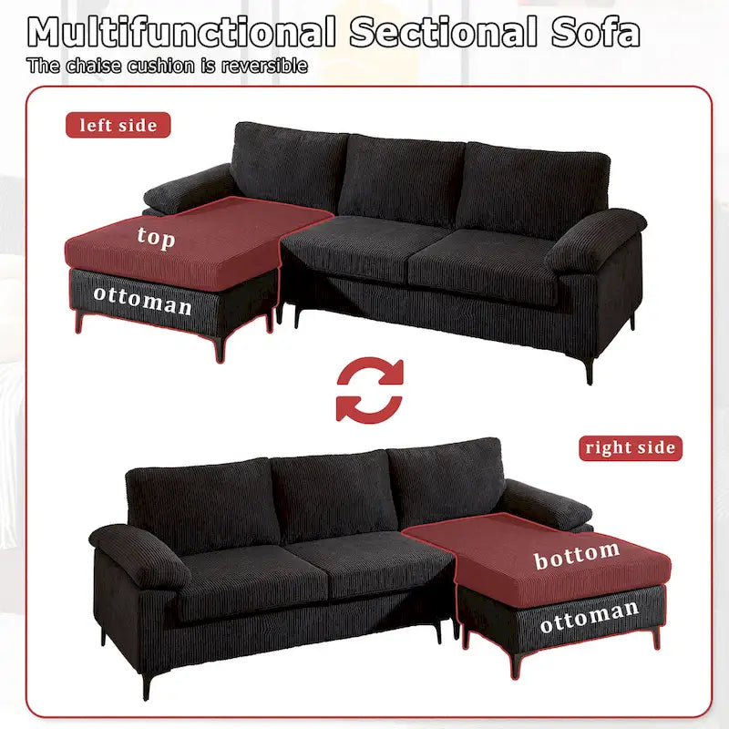 Canapé d'angle en velours côtelé noir / camel / gris avec pouf, réversible, 3 places
