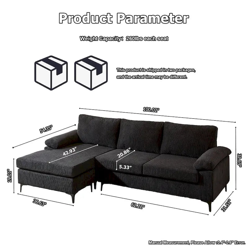 Canapé d'angle en velours côtelé noir / camel / gris avec pouf, réversible, 3 places