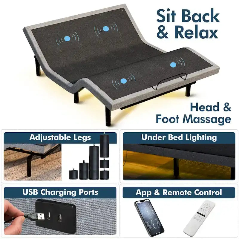 Cadre de lit réglable gris avec matelas hybride de 35,5 cm, massage et USB, 1 à 2 personnes