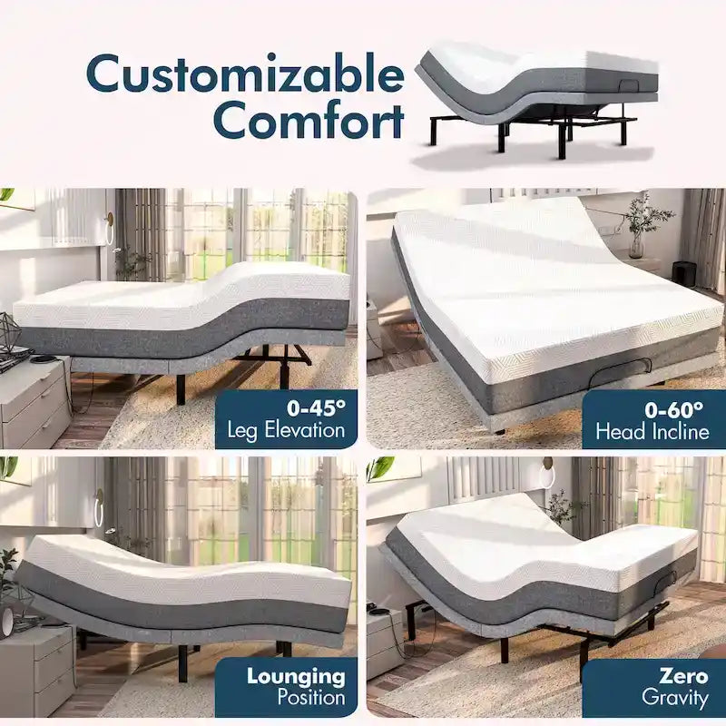 Cadre de lit réglable gris avec matelas hybride de 35,5 cm, massage et USB, 1 à 2 personnes