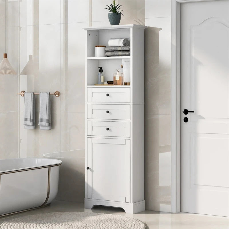 Meuble de rangement haut blanc et gris, 3 tiroirs et étagères réglables, 1 personne