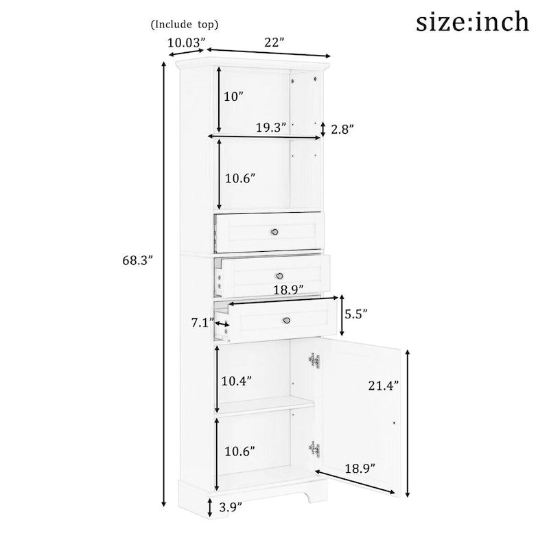 Meuble de rangement haut blanc et gris, 3 tiroirs et étagères réglables, 1 personne
