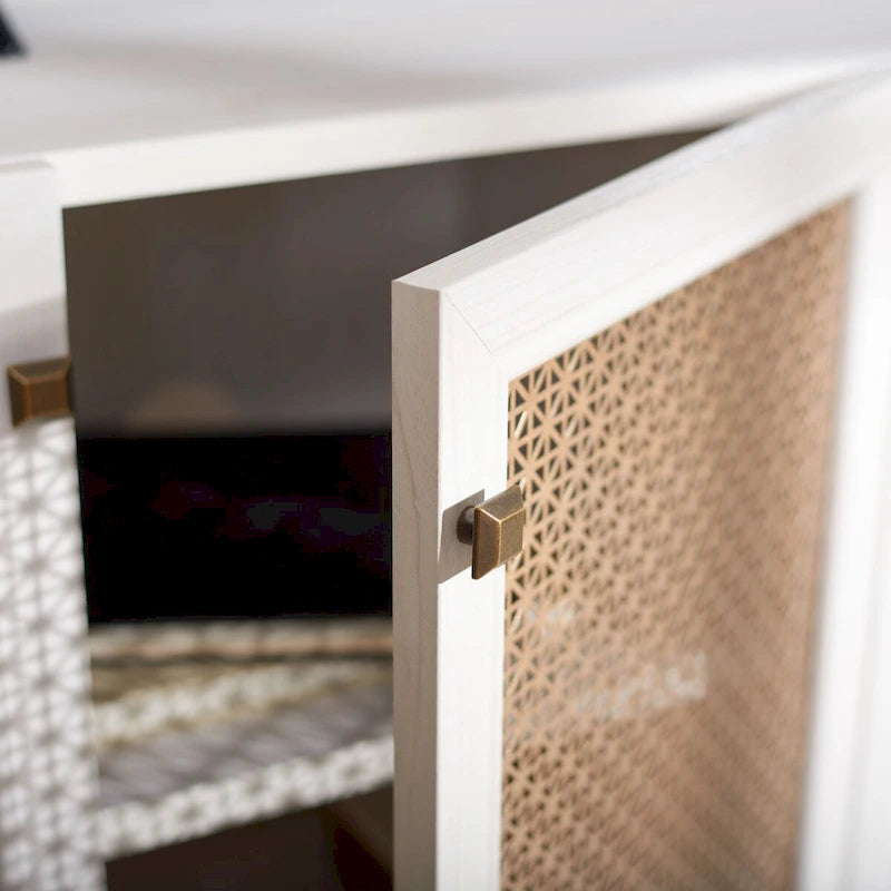 Meuble TV multimédia 4 portes 63" avec treillis doré, finition bois – Blanc délavé / Noyer / Chêne / Noir