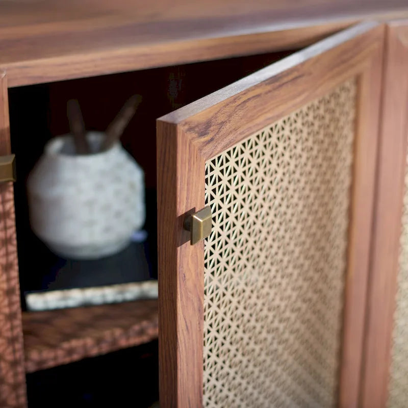 Meuble TV multimédia 4 portes 63" avec treillis doré, finition bois – Blanc délavé / Noyer / Chêne / Noir