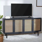 Meuble TV multimédia 4 portes 63" avec treillis doré, finition bois – Blanc délavé / Noyer / Chêne / Noir