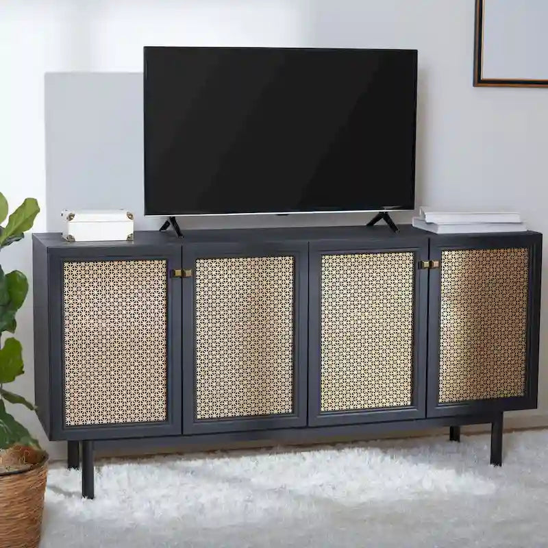 Meuble TV multimédia 4 portes 63" avec treillis doré, finition bois – Blanc délavé / Noyer / Chêne / Noir