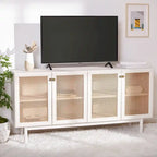 Meuble TV multimédia 4 portes 63" avec treillis doré, finition bois – Blanc délavé / Noyer / Chêne / Noir