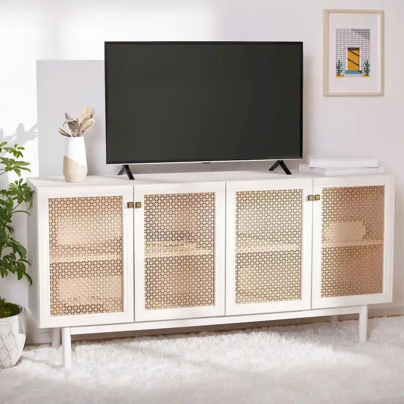 Meuble TV multimédia 4 portes 63" avec treillis doré, finition bois – Blanc délavé / Noyer / Chêne / Noir
