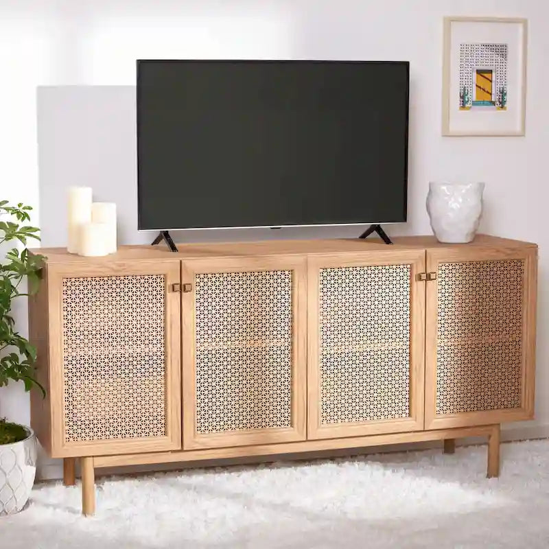 Meuble TV multimédia 4 portes 63" avec treillis doré, finition bois – Blanc délavé / Noyer / Chêne / Noir