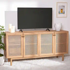 Meuble TV multimédia 4 portes 63" avec treillis doré, finition bois – Blanc délavé / Noyer / Chêne / Noir