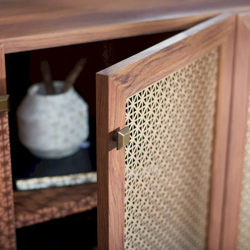 Meuble TV multimédia 4 portes 63" avec treillis doré, finition bois – Blanc délavé / Noyer / Chêne / Noir