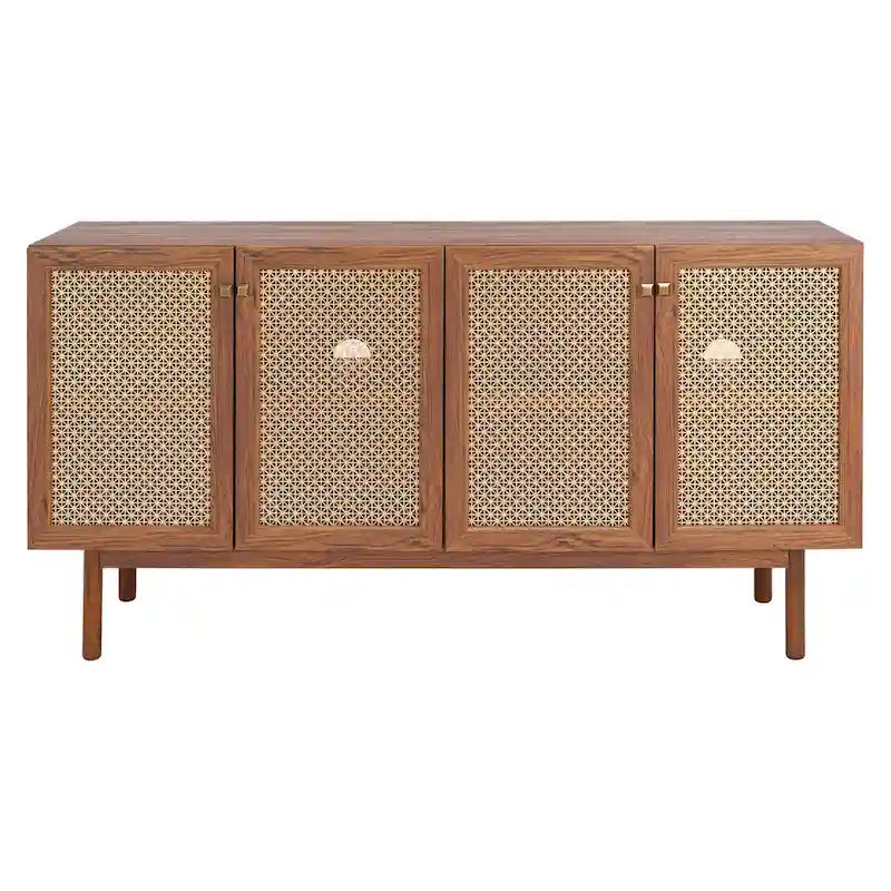 Meuble TV multimédia 4 portes 63" avec treillis doré, finition bois – Blanc délavé / Noyer / Chêne / Noir