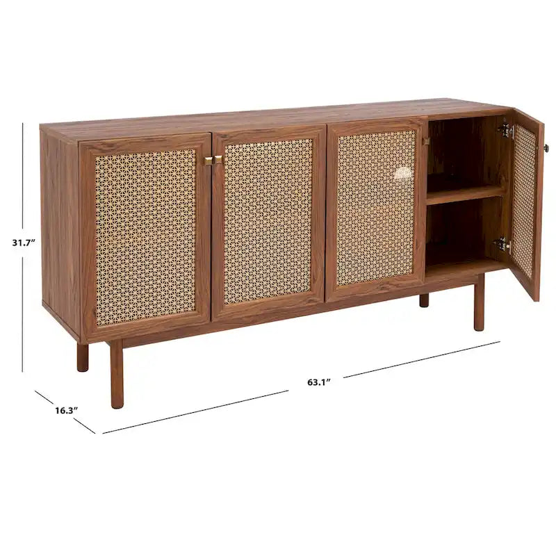 Meuble TV multimédia 4 portes 63" avec treillis doré, finition bois – Blanc délavé / Noyer / Chêne / Noir