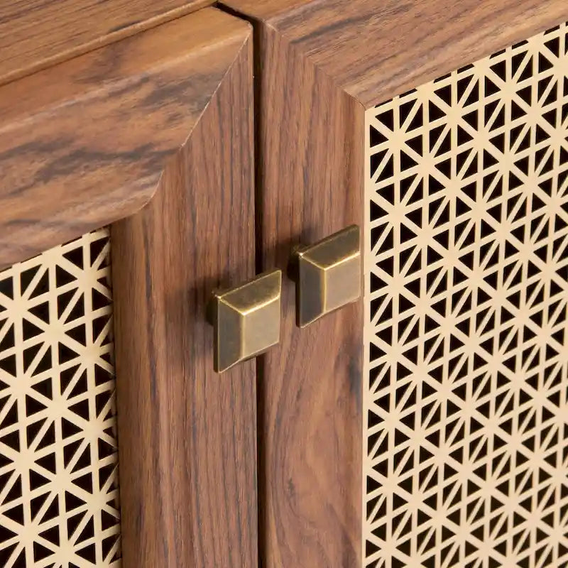 Meuble TV multimédia 4 portes 63" avec treillis doré, finition bois – Blanc délavé / Noyer / Chêne / Noir