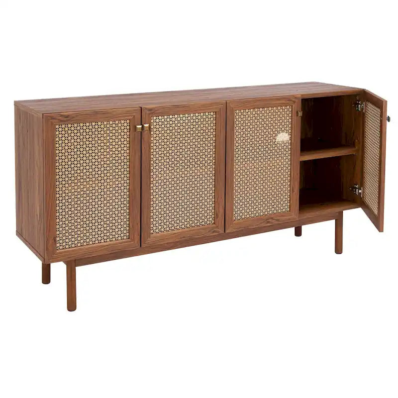 Meuble TV multimédia 4 portes 63" avec treillis doré, finition bois – Blanc délavé / Noyer / Chêne / Noir