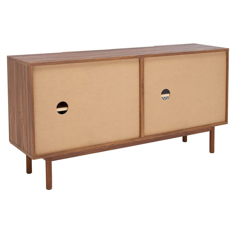 Meuble TV multimédia 4 portes 63" avec treillis doré, finition bois – Blanc délavé / Noyer / Chêne / Noir