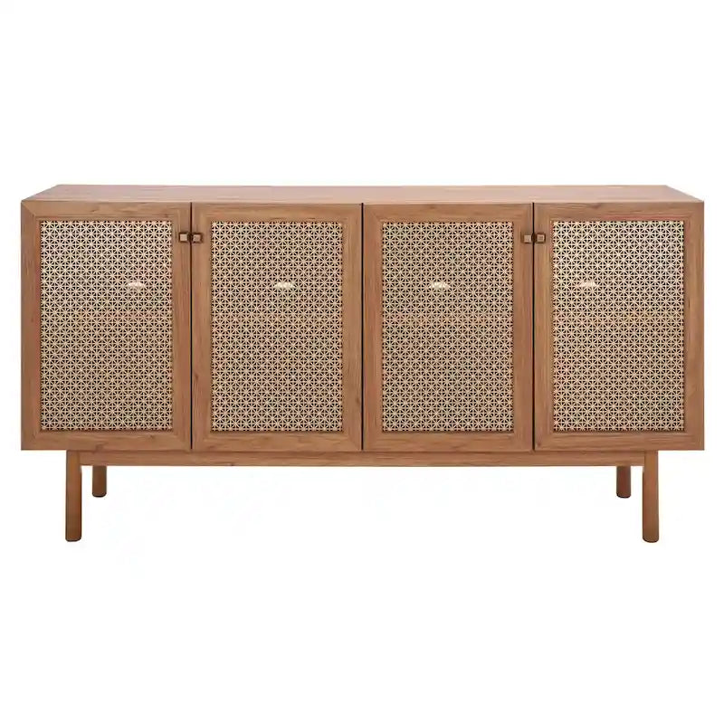 Meuble TV multimédia 4 portes 63" avec treillis doré, finition bois – Blanc délavé / Noyer / Chêne / Noir