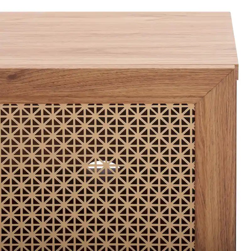 Meuble TV multimédia 4 portes 63" avec treillis doré, finition bois – Blanc délavé / Noyer / Chêne / Noir