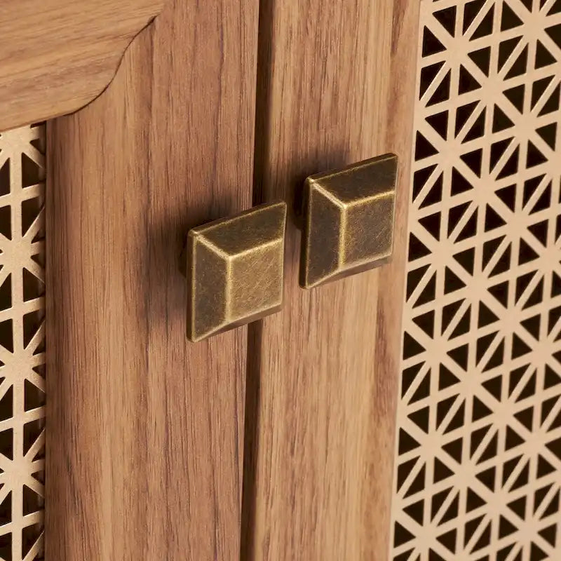 Meuble TV multimédia 4 portes 63" avec treillis doré, finition bois – Blanc délavé / Noyer / Chêne / Noir