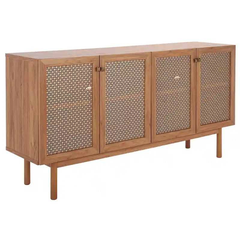 Meuble TV multimédia 4 portes 63" avec treillis doré, finition bois – Blanc délavé / Noyer / Chêne / Noir