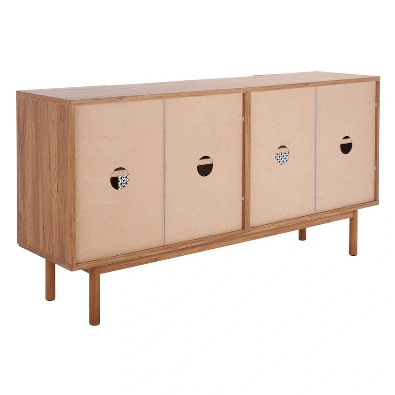 Meuble TV multimédia 4 portes 63" avec treillis doré, finition bois – Blanc délavé / Noyer / Chêne / Noir