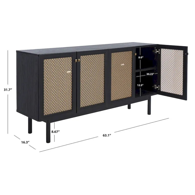 Meuble TV multimédia 4 portes 63" avec treillis doré, finition bois – Blanc délavé / Noyer / Chêne / Noir