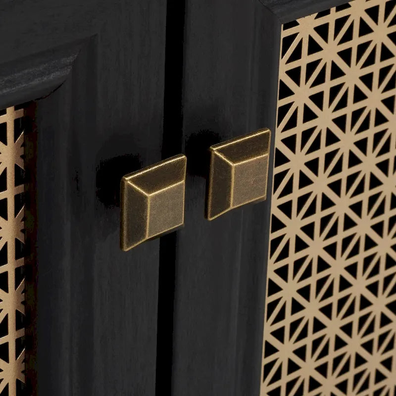 Meuble TV multimédia 4 portes 63" avec treillis doré, finition bois – Blanc délavé / Noyer / Chêne / Noir