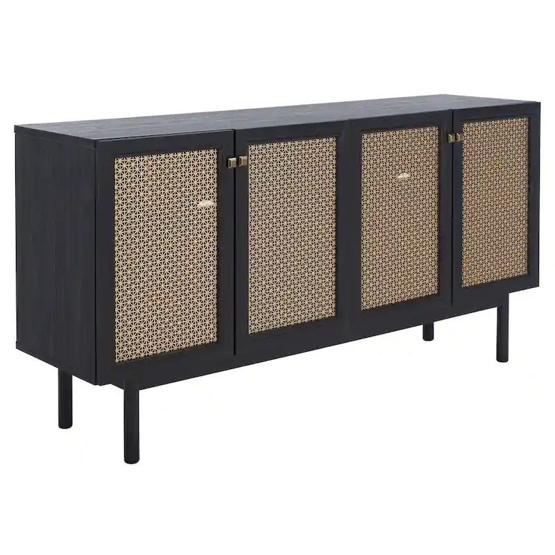 Meuble TV multimédia 4 portes 63" avec treillis doré, finition bois – Blanc délavé / Noyer / Chêne / Noir