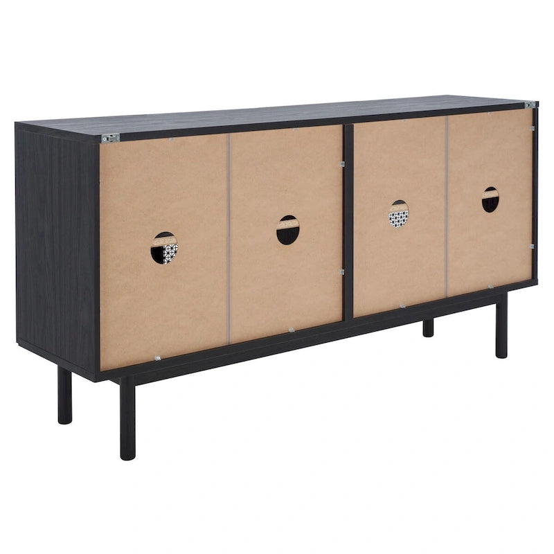 Meuble TV multimédia 4 portes 63" avec treillis doré, finition bois – Blanc délavé / Noyer / Chêne / Noir