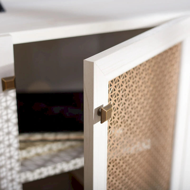 Meuble TV multimédia 4 portes 63" avec treillis doré, finition bois – Blanc délavé / Noyer / Chêne / Noir