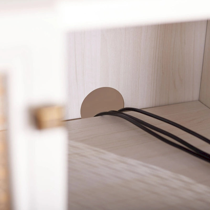 Meuble TV multimédia 4 portes 63" avec treillis doré, finition bois – Blanc délavé / Noyer / Chêne / Noir