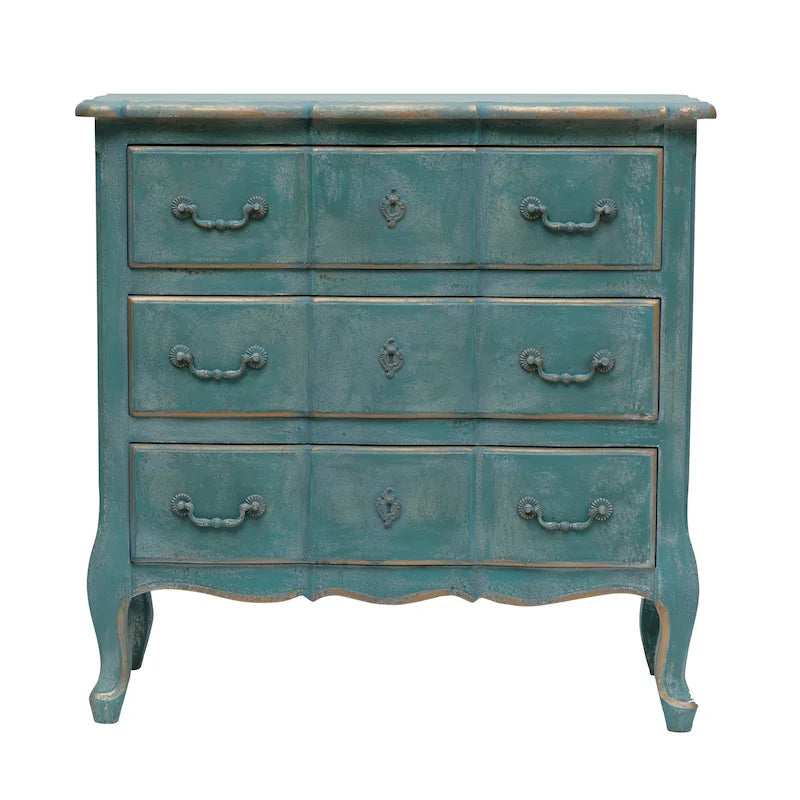 Commode 3 tiroirs vieillie bleu / gris / noir, 1 personne
