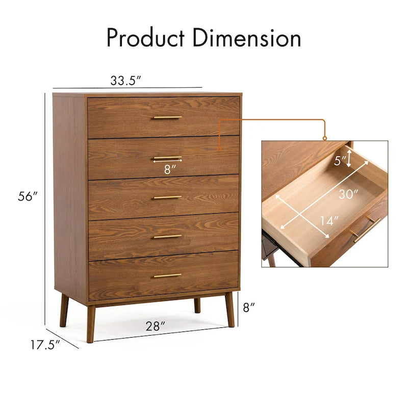 Commode 5 tiroirs en noyer | Moderne du milieu du siècle | Pour 1