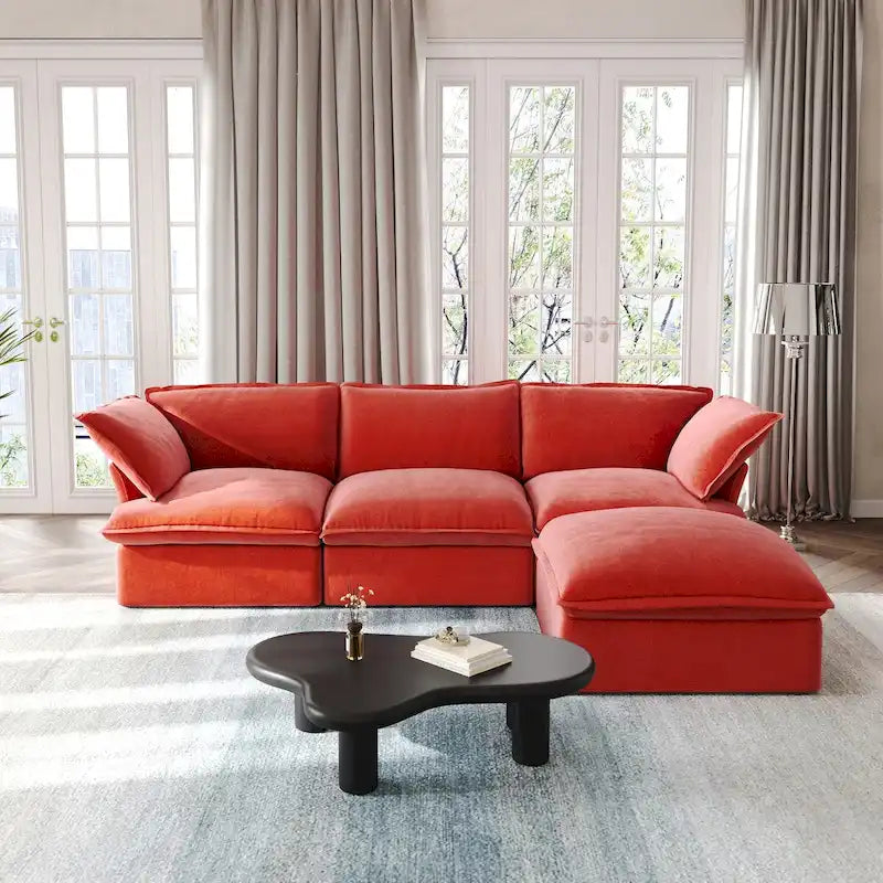Canapé d'angle en velours 3 places avec méridienne, rouge/vert/bleu/orange