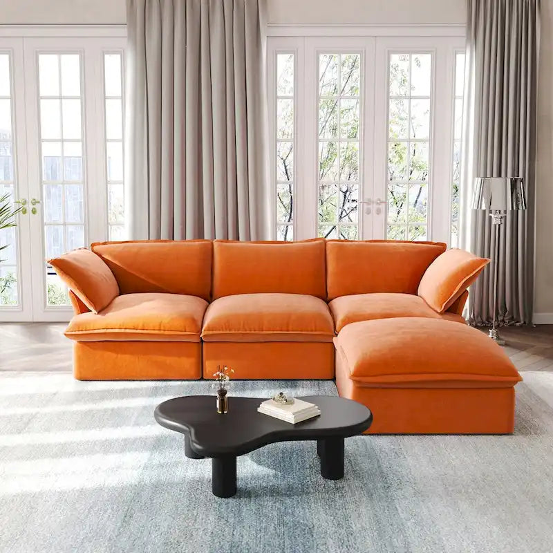 Canapé d'angle en velours 3 places avec méridienne, rouge/vert/bleu/orange