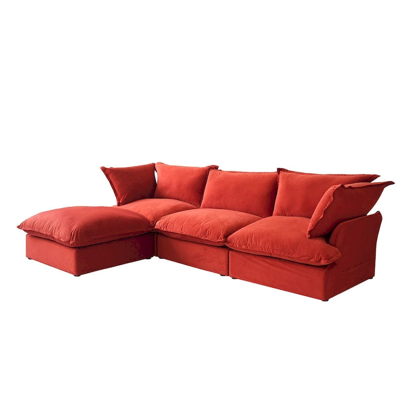 Canapé d'angle en velours 3 places avec méridienne, rouge/vert/bleu/orange